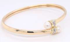 Wonderful Yellow Gold Pearl and Diamond Flex Bangle Bracelet