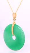 Charming Yellow Gold Green Jade Disk Pendant on Chain Necklace