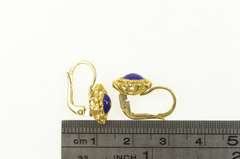 18K Yellow Gold Domed Blue Red Enamel Scalloped Trim Dangle Earrings