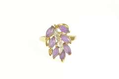 14K Yellow Gold Marquise Amethyst Diamond Wavy Leaf Cluster Ring