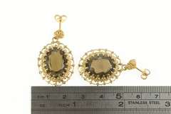 14K Yellow Gold Smoky Quartz Scalloped Filigree Halo Dangle Earrings