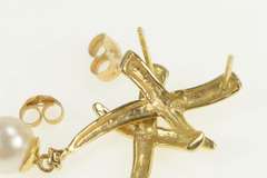 14K Yellow Gold Pearl Diamond X Criss Cross Dangle Designer Earrings