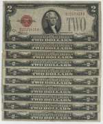 10 Series of 1928 Small size $2 Red Seal Notes in circ