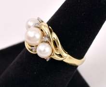 Wonderful Three Pearl and Diamond Ring in Yellow Gold