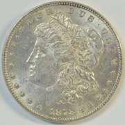 Frosty-white BU 1878-P 7TF Morgan Silver Dollar.