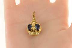14K Yellow Gold 1950's 3D Syn. Sapphire Crown Queen King Charm/Pendant