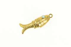 14K Yellow Gold 1940s Turquoise Eyed Articulated Fish 3D Charm/Pendant