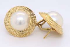 Powerful Yellow Gold 13.5mm Mabe Pearl Twisted Rope Earrings