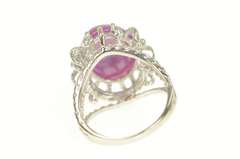 14K White Gold Oval Syn. Star Ruby Cabochon Ornate Cocktail Ring