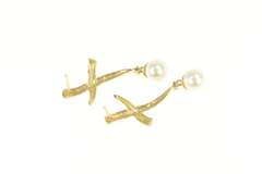 14K Yellow Gold Pearl Diamond X Criss Cross Dangle Designer Earrings