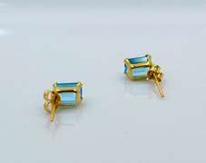 Small 14K Yellow Gold Stud Earrings With Blue Topaz Stone, Girls Jewelry
