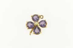14K Yellow Gold Pear Amethyst Seed Pearl Clover Shamrock Charm/Pendant