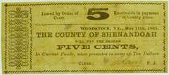 1863 The County of Shenandoah Woodstock, VA May 11th, Five Cents