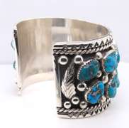 925 Sterling Silver Signed Leester Ortiz Turquoise Silver Cuff Bangle