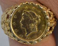 1853 Type One $1 Gold Piece in fancy antique 10k gold ring