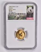 MS69 1998 China 10 Yuan 1/10 Oz. .999 Fine Gold Panda Small Date NGC