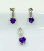 10K White Gold and Heart Shape Amethyst Pendant and Pair of Earrings Set