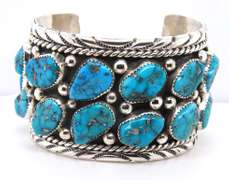 925 Sterling Silver Signed Leester Ortiz Turquoise Silver Cuff Bangle