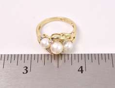 Wonderful Three Pearl and Diamond Ring in Yellow Gold