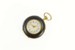 Black Enamel Fleur De Lis Rose Cut Diamond Pocket Watch