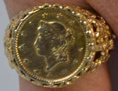 1853 Type One $1 Gold Piece in fancy antique 10k gold ring