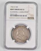 Mint Error AU53 1952-D Franklin Half Dollar Clamshell Lamination NGC
