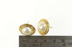 14K Yellow Gold Round Pearl Retro Grooved Statement Stud Earrings