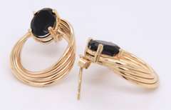 Stunning Yellow Gold oval Black Onyx Stacked Circle Drop Post Earrings