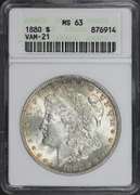 Exceptional BU 1880P Mint Morgan Old ANACS Holder MS 63 VAM 21 Double Date!