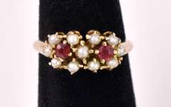 Petite Red Stone and Pearl Ring in Yellow Gold