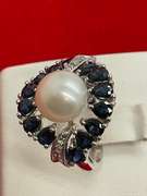 14k white gold diamond pearl and sapphire ring
