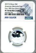 2019-S Proof .999 Fine Silver American Memorial Park Quarter in NGC PF70 Ultra Cameo