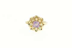 14K Yellow Gold Amethyst Opal Halo 1960's Floral Cocktail Ring