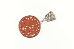Sterling Silver Carved Cinnabar Phoenix Filigree Medallion Pendant