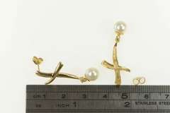 14K Yellow Gold Pearl Diamond X Criss Cross Dangle Designer Earrings