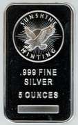 Sunshine Mint 5 Troy Ouces pure .999 fine silver bar in plastic