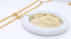 Attractive Yellow Gold Lucky Dragon Jade Round Pendant on Chain