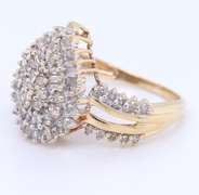 Gorgeous Yellow Gold Round and Baguette Diamond Pear Shaped Cluster Ring