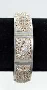 Vintage 925 Silver Panel Link Bracelet With Chinese Symbols, Box Clasp, Safety Chain, and Two Little Charms