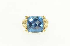 14K Yellow Gold Cushion Faceted Blue Topaz Cocktail Statement Ring