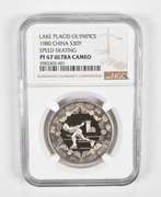 PF67UCAM 1980 China 30 Yuan Silver Coin Lake Placid Olympic Skate NGC