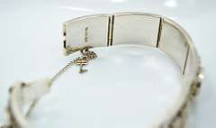 Vintage 925 Silver Panel Link Bracelet With Chinese Symbols, Box Clasp, Safety Chain, and Two Little Charms