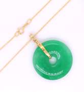 Charming Yellow Gold Green Jade Disk Pendant on Chain Necklace