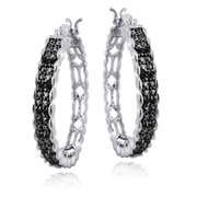 Silver Tone Black Diamond Hoop Earrings