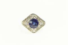 18K White Gold Art Deco Filigree Syn. Sapphire Diamond Ring