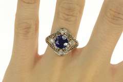 18K White Gold Art Deco Filigree Syn. Sapphire Diamond Ring