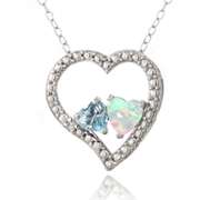 Diamond Accent Blue Topaz & Created White Opal Heart Necklace in Sterling Silver