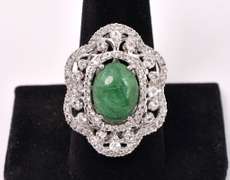 Mesmerizing 7.75CTS Cabochon-Cut Natural Emerald & 2.35CTW White Sapphire Ring in Sterling Silver