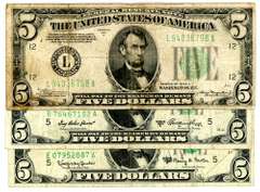 3 Different $5 Green Seal Federal Reserve Notes 1934-A, 1950-A, & 1963-A
