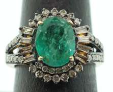 Enchanting Emeral Ring with Round and Baguette Diamonds on a Gold Plated Silver Band